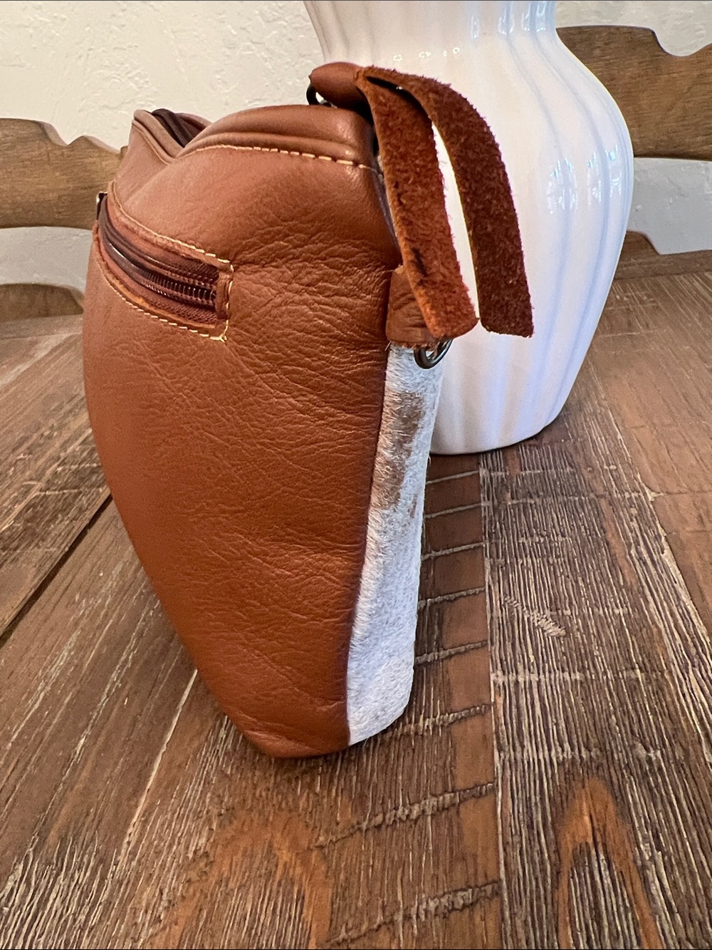 Spotted Cowhide Cosmetic Pouch in White and Brown - Unbranded Leather - Picture 3 of 10